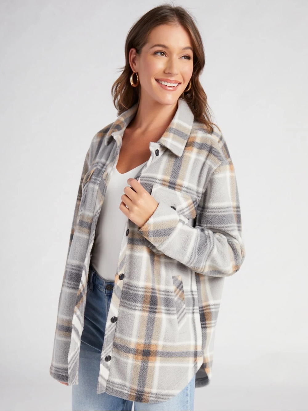 New Thread & Supply Tullis Button Front Jacket in Charcoal Taupe Plaid $77